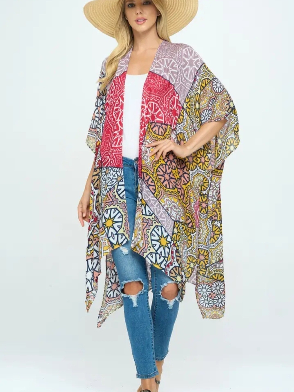 Boho Patchwork Printed Kimono - Red, Yellow, Blue, Pink